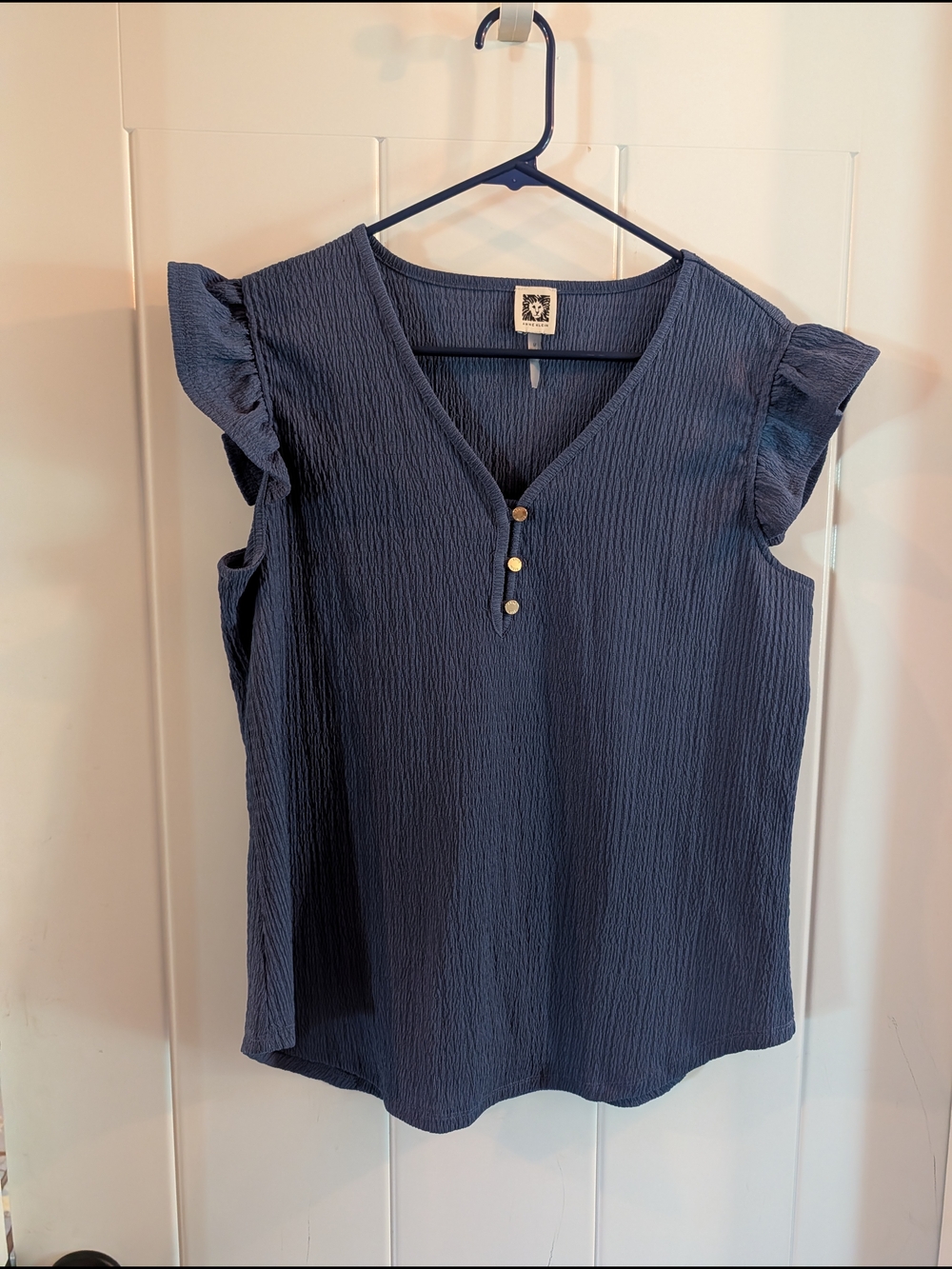 Anne Klein Navy Textured V-Neck Ruffle Sleeve Top